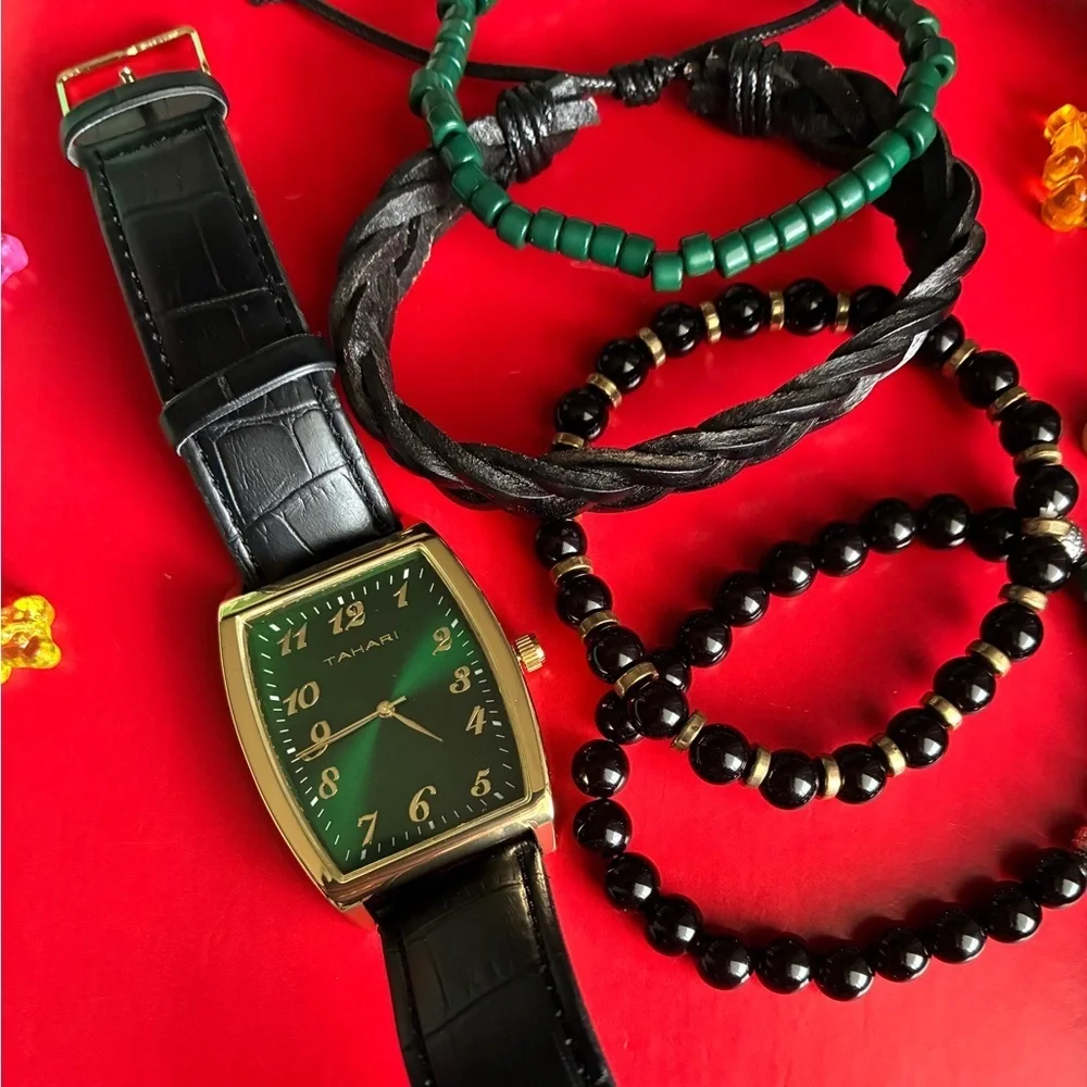 Tahari Gold and Black Men's Watch with Green Dial